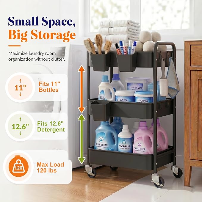 3 Tier Rolling Cart on Wheels, Metal Utility Storage Cart with Wheels, Three Tiered Craft Carts Organizer with Hanging Cups, Hooks, Mesh Basket for Bedside, Kitchen, Bathroom, Office, Art, Snack,Black