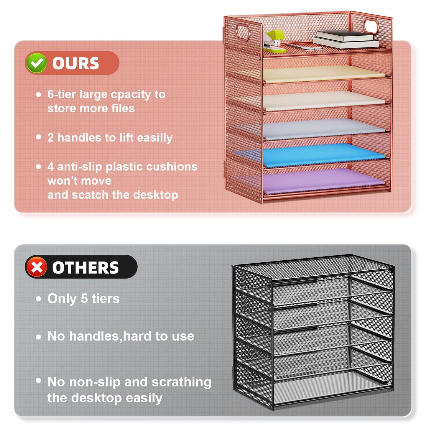 Marbrasse 6 Tier Paper Organizer Letter Tray - Mesh Desk File Organizer with Handle, Paper Sorter Organizer for Letter/A4 Office File Folder Holder - Rose Gold