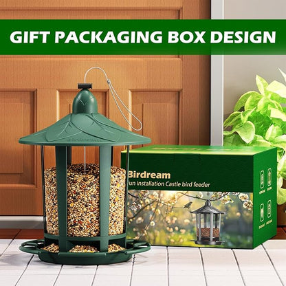 Birdream Bird Feeders for Outdoor Hanging, Assembly Required, 1-Min Easy Setup, Charming Castle Design, Attracting Cardinals Chickadees Goldfinches & Sparrows - Green