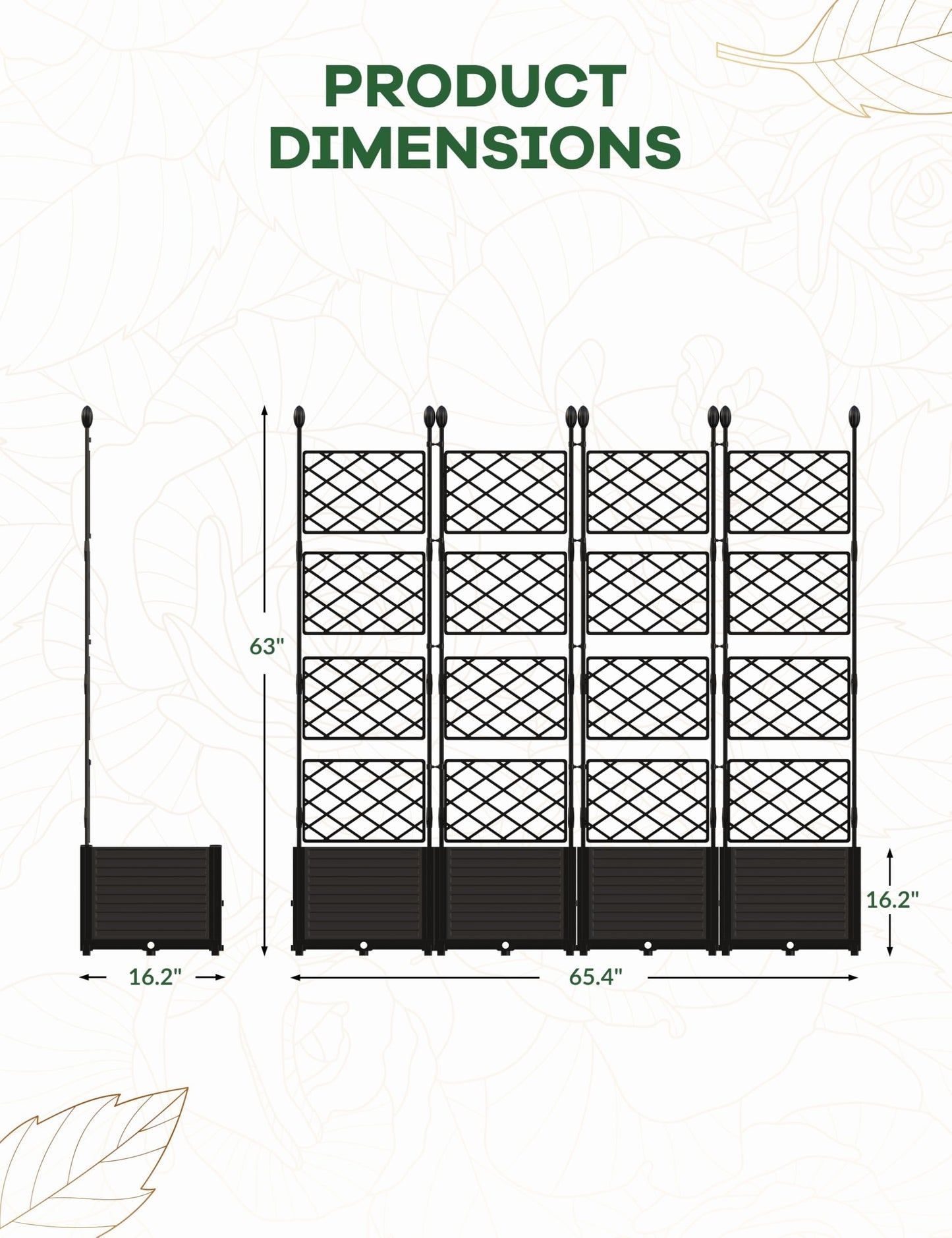BouPower 4pcs Raised Garden Bed with Trellis & Privacy Screen, 63" h Tall Vertical Planter Box for Climbing Plants, Outdoor Garden Planter Box with Drainage Holes for Patio Balcony, Black