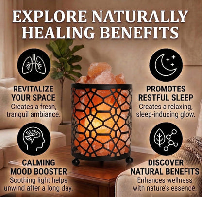 Himalayan Decorative Salt Basket Lamp with Salt Chunks, Natural Pink Salt Rock Lamp, Metal Basket Accent Light with Warm Amber Illumination, Ideal for Home, Offices, Gift (UL & FCC Certified)