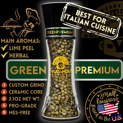 YUPANQUI Green Peppercorn Grinder with Green Peppercorns Refillable 2.1oz Green Peppercorns Organic for Italian French Thai Cuisine Gourmet Pepper Grinder with Fresh Citrus and Herbal Notes