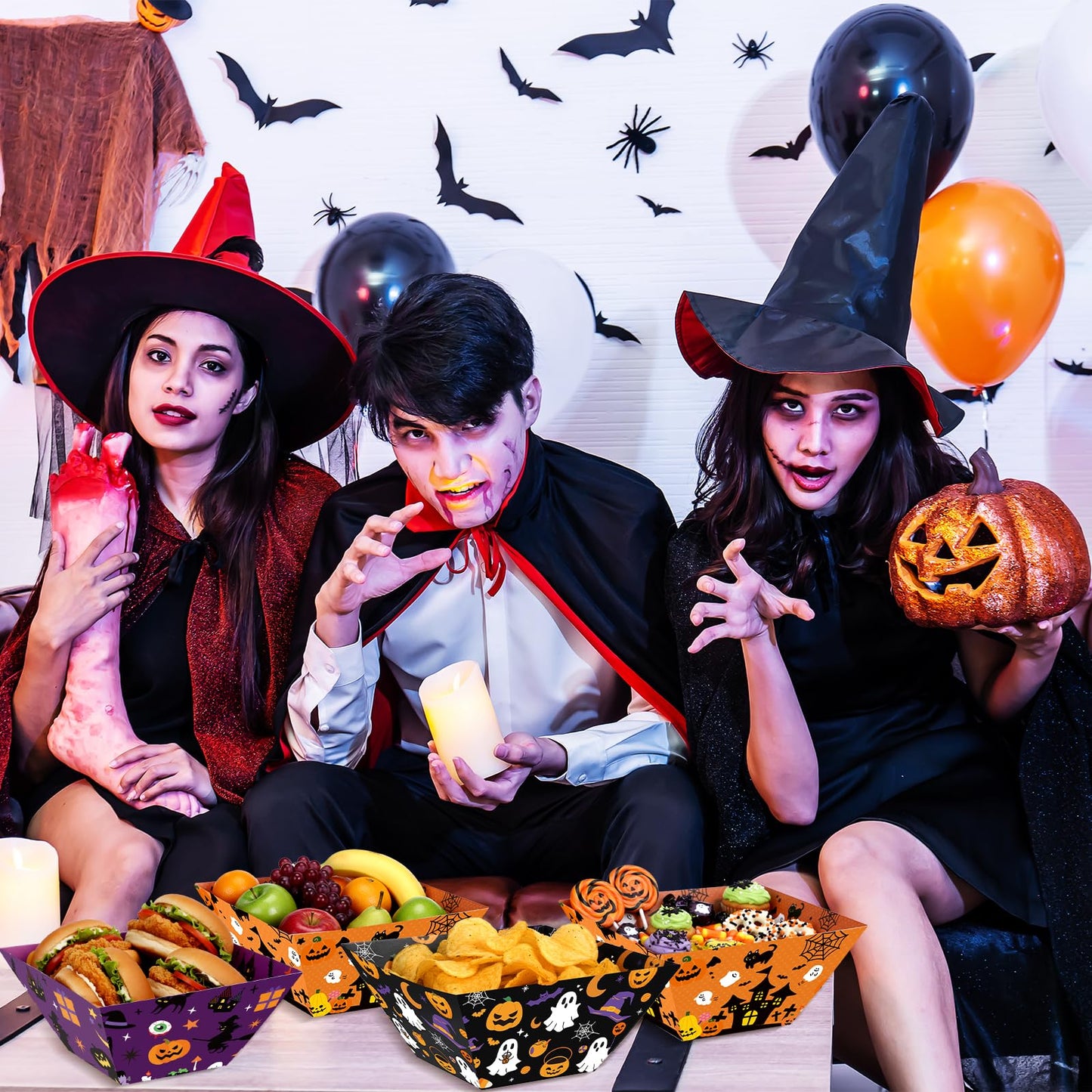 Marspark 24 Pcs Halloween Popcorn Boxes Trick or Treat Snack Bowls Popcorn Tray Containers for Movie Night Halloween Party Pumpkin Bat Ghost Party Supplies