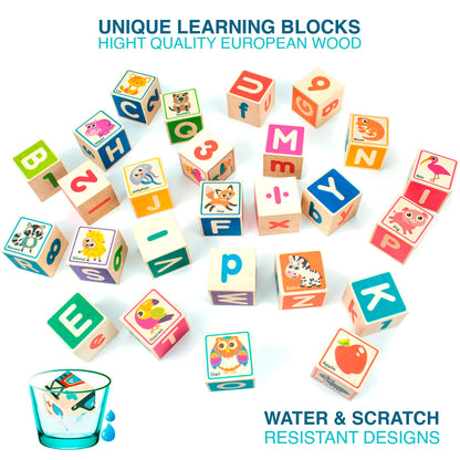 QUOKKA Wooden Blocks for Toddlers 1-3 - 26 Counting ABC Learning Baby Blocks for Kids 3-5 Year Olds Stacking Alphabet Wood Toys for 2-4 Ages - Developmental Toys with Letters Numbers from 12-18 Month