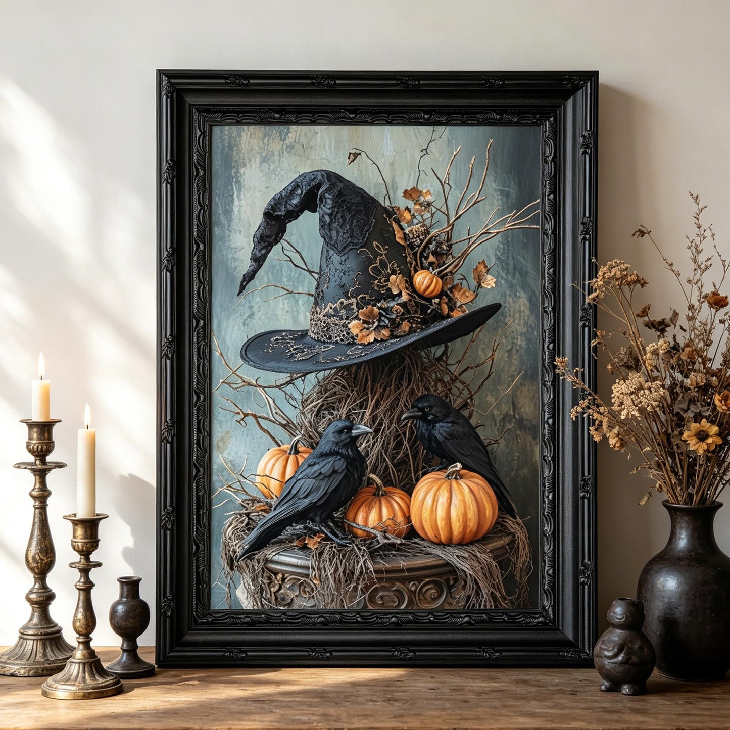 Framed Witch Hat Canvas Wall Art,Halloween Pumpkin Crow Painting Picture Wall Decor,Dark Academy Poster Print Artwork,for Living Room Bedroom Tarot Reading Room Haunted House Home Decoration 9x11in
