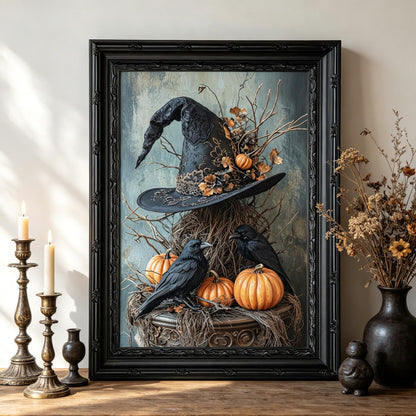 Framed Witch Hat Canvas Wall Art,Halloween Pumpkin Crow Painting Picture Wall Decor,Dark Academy Poster Print Artwork,for Living Room Bedroom Tarot Reading Room Haunted House Home Decoration 9x11in