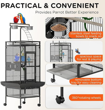 GarveeLife Large Bird Cage 60-inch Playtop Metal Bird Cages with Rolling Stands, Feed Bowls for Parakeets, Conures, Parrot Cage for Medium Large Parrot Cage with Slide-Out Tray Seed Guard, Black