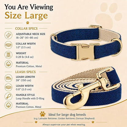 Herringbone Tweed Dog Collar and Leash Set for Large Dogs, Navy Blue | Snag-free, no-rub design. Soft breathable cotton, gentle on fur. Adjustable durable matching combo for walks & outdoors.