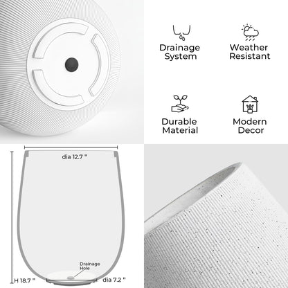 Worth Garden White Large Round Planter, 12.5" Dia x 18.5" H Lightweight Magnesium Oxide Cement Plant Pot with a Striped Textured Finish, Raised Pattern Concrete Look, Drainage Hole, Indoor & Outdoor