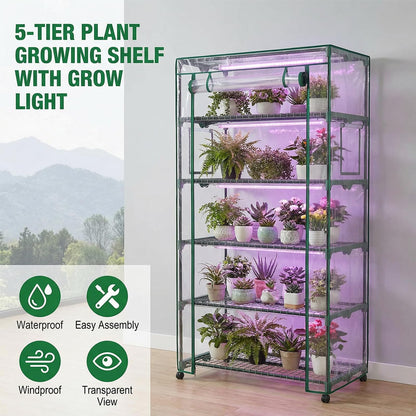 Indoor Greenhouse with Grow Lights & Wheels, 5 Tier Wire Shelf PVC Tent Portable Mini Green House Cabinet Kit for Plant Seed Starting Mushroom Grow (Upgraded)