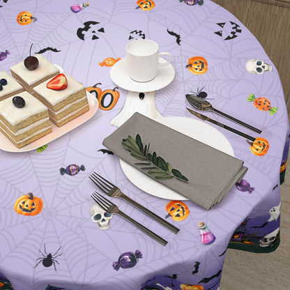 Ancordivo Halloween Round Tablecloth 60 Inch Purple Castle Spooky Pumpkin Ghost Bat Spider Web Table Cloth Rustic Holiday Table Cover for Kitchen Dinner Home Decor