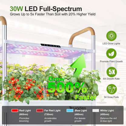 Indoor Hydroponic Growing System with 54 Pods Herbs Garden Kit with 30W Led Grow Light Large Movable 2-Layer Floor-Standing Hydroponic Gardening System for Vegetable Fruit