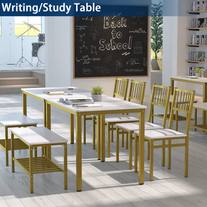 Teraves Dining Table Set for 4/Computer Desk,Kitchen Table with 2 Chairs and a Bench,Table and Chairs Dining Set 4 Picce Set for Dining Room (White Marbling+ Gold Frame,110CM)