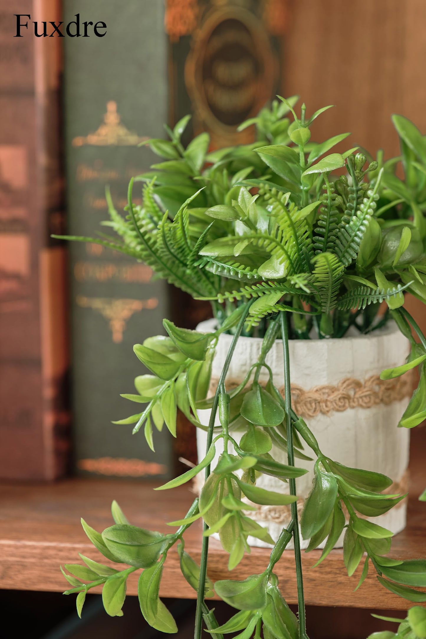 Fuxdre Fake Hanging Plants, 2pcs Artificial Potted Greenery Faux Eucalyptus Vine Fern and String of Pearls in Pot for Home Room Wall Shelf Patio Garden Indoor Outdoor Decor