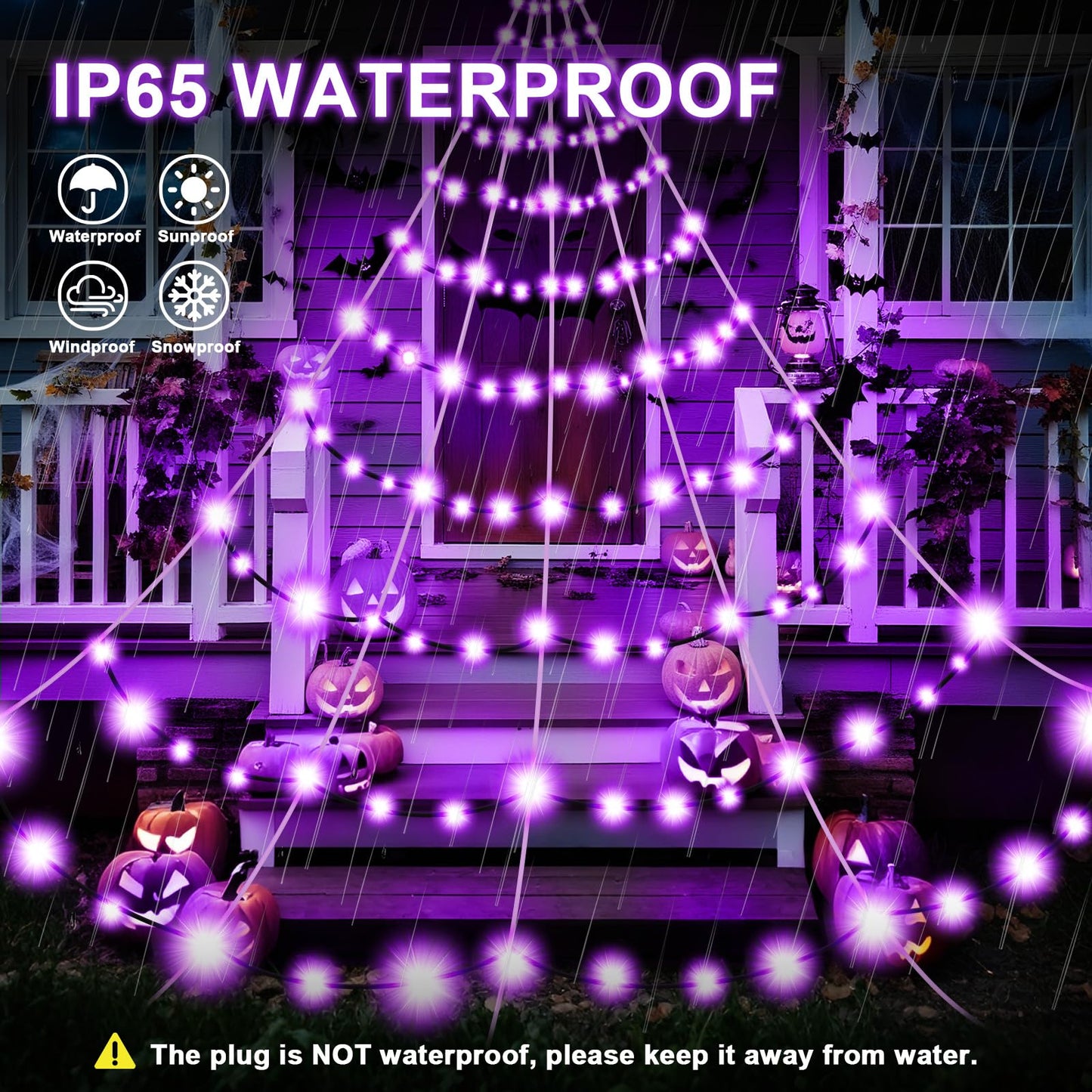 Halloween Decorations Spider Web Lights, 250 LED Purple Lights 19.7FT x 14.8FT Giant Halloween Decorations with 8 Modes Waterproof for Indoor Outdoor House Garden Yard，30" Large Spider Included