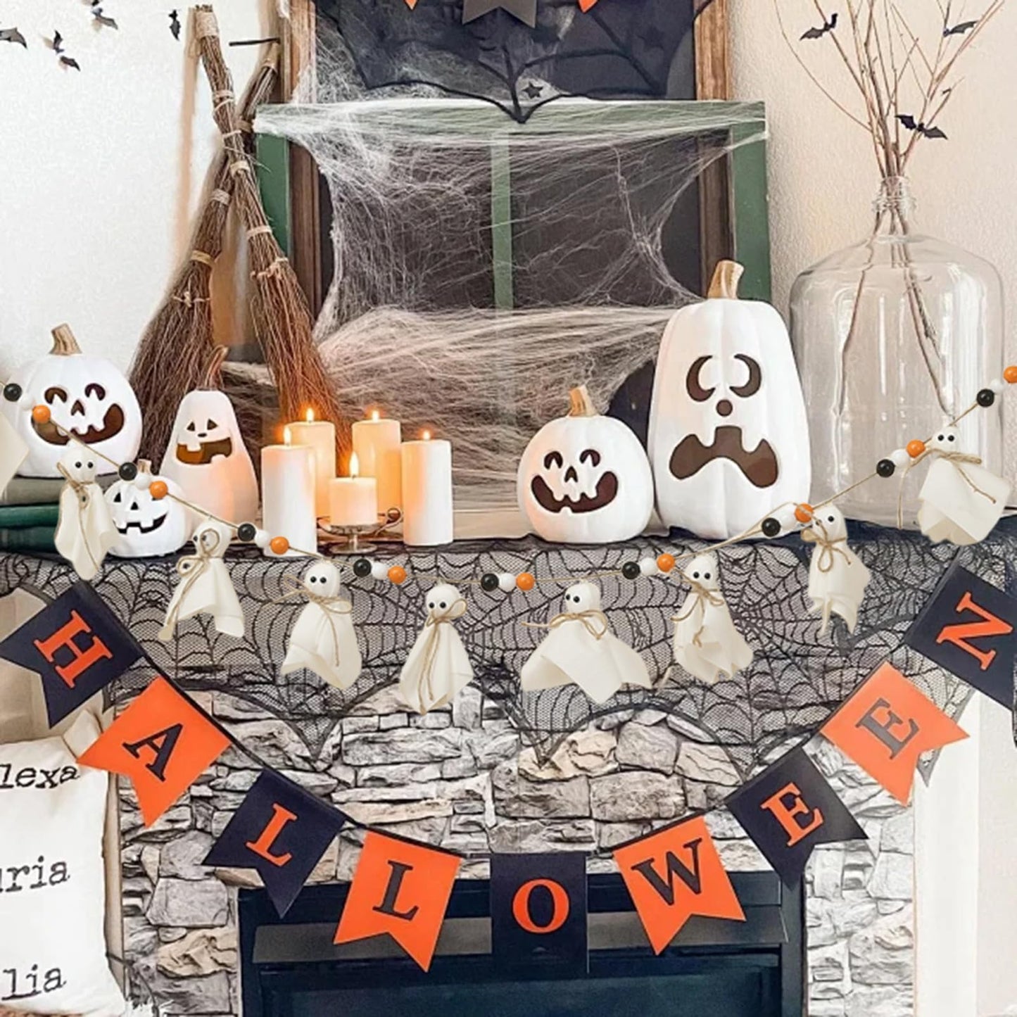 7Ft Halloween Banner Garland with Ghosts & Wooden Beads, Rustic Ghost Banner Hanging Ghost Garlands for Wall Home Indoor Outdoor Fall Decor Supplies(Black)