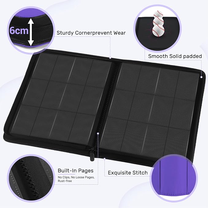 12 Pocket Card Binder, Zipper Trading Card Binder, 720 Large Capacity Side Loading Non-Ring Card Album, Double Sided Acid-Free Card Protector Binder, Card Collection for TCG, MTG, Sport Card, Purple