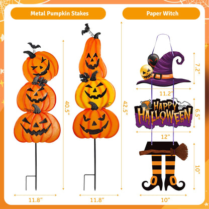 CAMATET Halloween Metal Pumpkin Yard Stakes, Detachable and Stackable Pumpkin Signs Garden Stake with Paper Witch Hanging Decor, Outdoor Halloween Decorations for Front Porch Lawn Party (Set of 6)