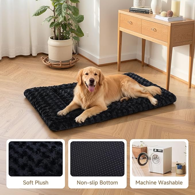 Washable Dog Bed Mat Crate Pad Soft Fluffy Pet Kennel Beds Dog Sleeping Mattress for Large Jumbo Medium Small Dogs, 30 x 19 Inch, Black