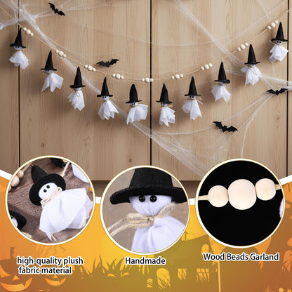 VitalCozy 7ft Halloween Garland Cute Witch Hat Ghost with Wooden Beads Garlands Farmhouse Rustic Halloween Banner for Wall Haunted House Party Yard Outdoor Spring Decor Supplies