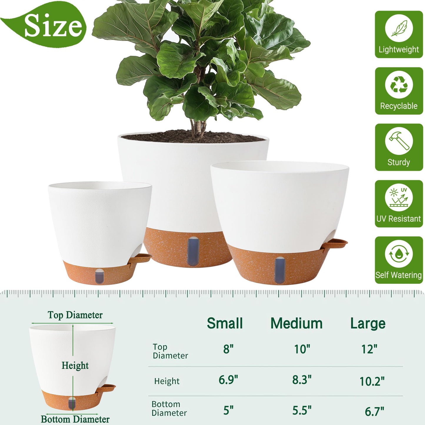 Fielda Self Watering Pots for Inoor Ourdoor Plants 8/7/6.5/6/5 Inch and 8/10/12 Inch Plant Pots for Indoor/Outdoor Plants, Plastic Planters Modern Flower Pots