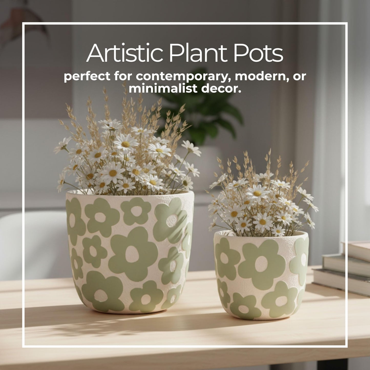 Sagebrook Home Set of 2 Cement Decorative Planter Pot Without Stand Pottery Outdoor & Indoor Plant Pot with Flower Pattern Minimalist Modern Garden & Home Decor Cement Planters 6" & 8", Light Green