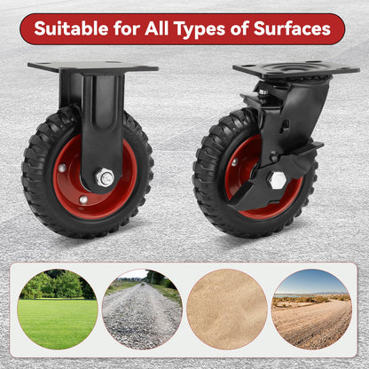 Nefish 6 Inch Heavy Duty Casters Wheels, Premium Rubber Outdoor Casters Wheels, Industrial Grade Rubber Castors with Knobby Tread for Dolly 1800 LBS, Industrial and Chicken Coop (2 Brake & 2 Rigid)