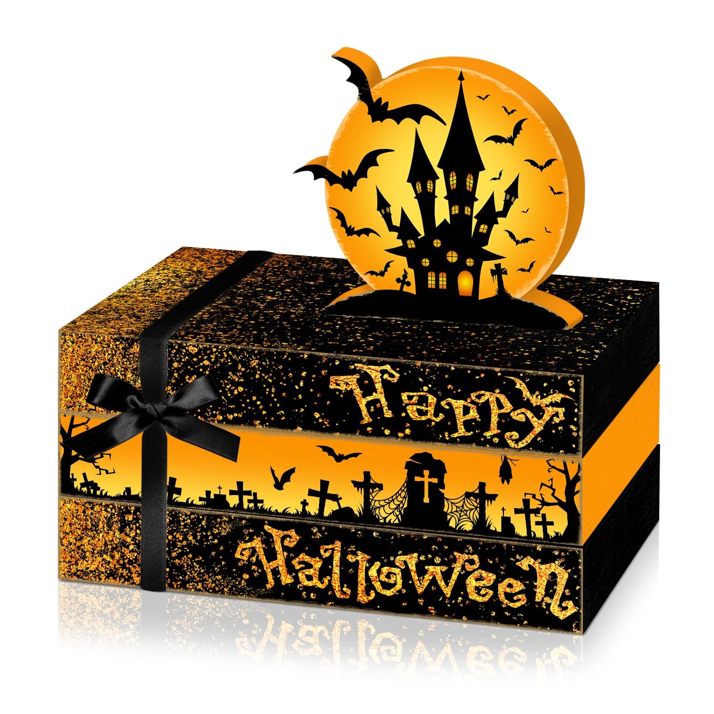 Culudea 4 Pcs Halloween Decorations for Home Castle Table Decor Halloween Bat Wooden Faux Book Stack Sign Tiered Tray Decor Spooky Centerpiece for Home Shelf Mantel Entryway Office Party