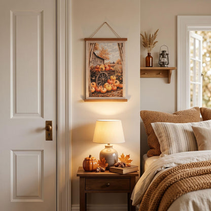 ArtbyHannah Farmhouse Fall Wall Art Decor, Harvest Autumn Thanksgiving Scroll Wall Decor for Bedroom Bathroom Door Home Decor, Rustic Linen Wall Hanging Artwork with Pumpkin Barn Scene, 16x24 Inch