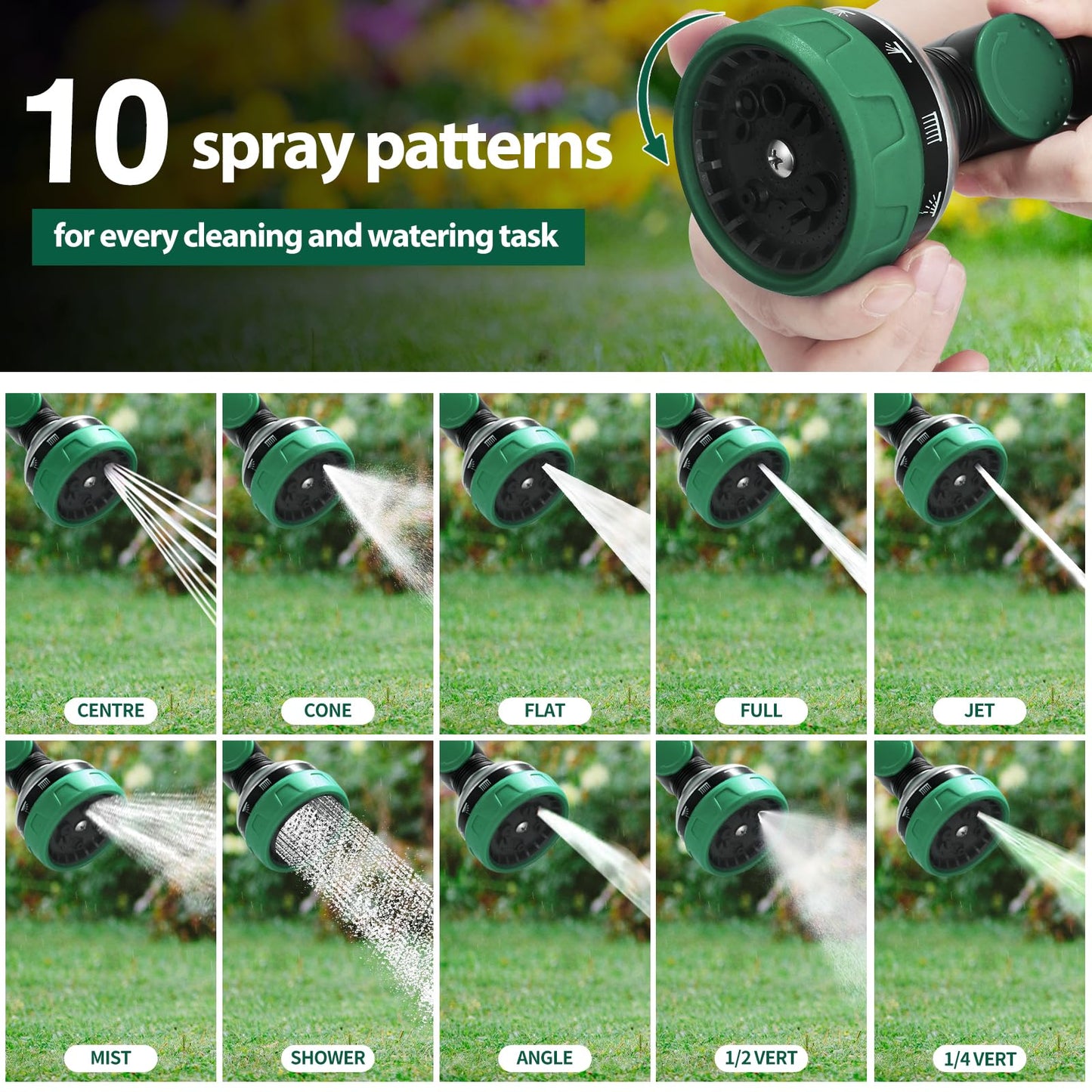 Seatern Telescoping Watering Wand for Garden Hose, 36”-54” Adjustable, 10 Spray Patterns, Heavy-Duty Hose Nozzle with Thumb Control & Pivoting Head, Ideal for Hanging Baskets and Shrubs, Green