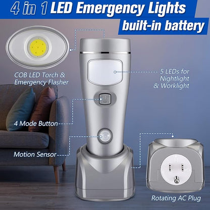 Enhon 4 Pack 4 in 1 LED Emergency Lights for Home Power Failure, Rechargeable Plug in Flashlight Motion Sensor Night Light, Automatic Turn On Power Outage Light for Home Hurricane Supplies (Silver)