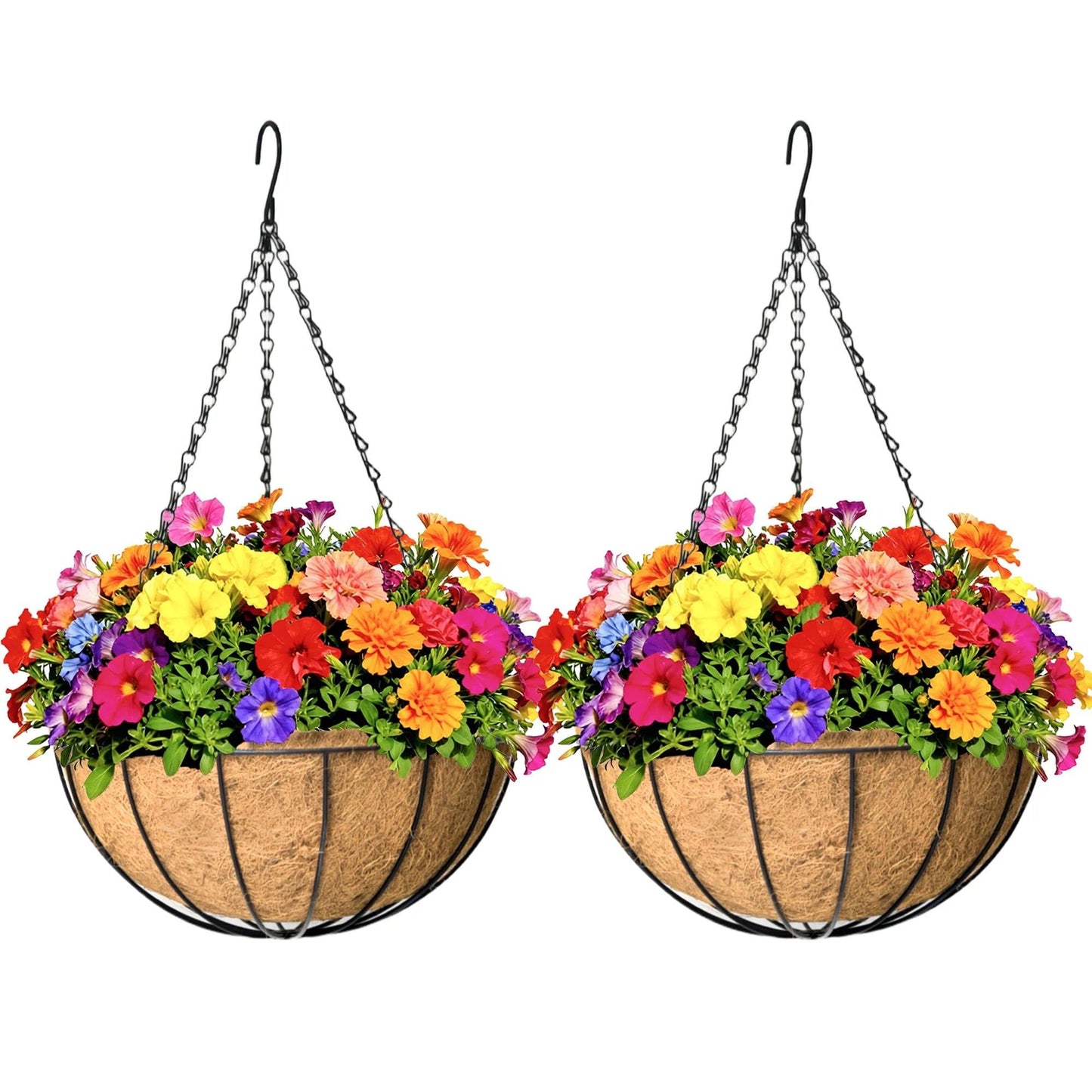 KIDYBELL 2 Pack 12 inch Hanging Baskets Planter for Plants Vegetables Flowers Outdoor Black Round Wire Plant Holder with Coco Fiber Liners Garden Balcony Patio Deck Porch Indoor Hanging Baskets