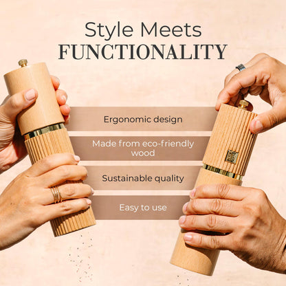 Wooden Salt and Pepper Grinder Set – Refillable Manual Salt and Pepper Mills with Adjustable Ceramic Burrs, Gold Detailing, and Wood Stand