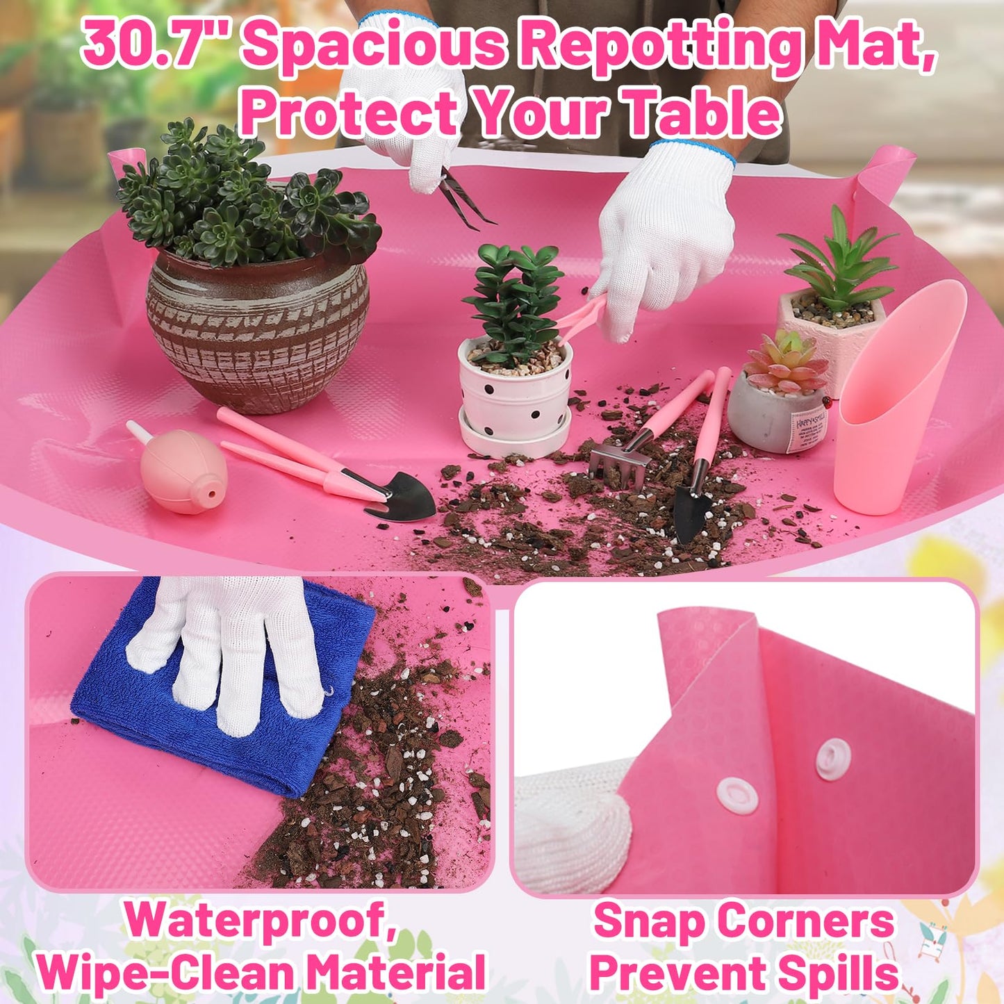 44pcs Small Gardening Tools Gifts for Women Beginners - Garden Hand Tools Set for Indoor Succulent Bonsai Plants Transplanting, Included Bag/Repotting Mat/Shovel/Labels, Pink