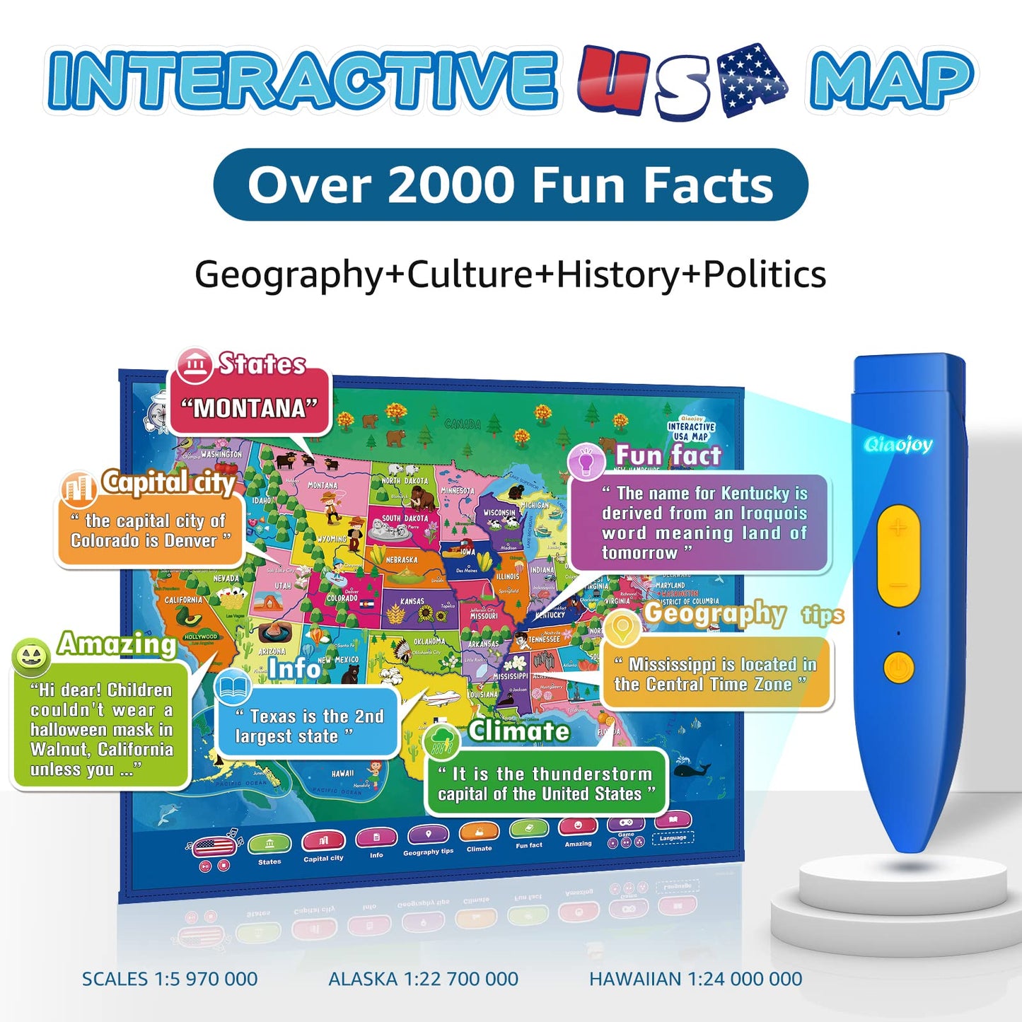 Qiaojoy Bilingual Interactive for Kids Talking USA Map World Map for Kids Learning, Geography Toys Games Educational Electronic Map Personalized Gift/Toys for 4 5 6 7 8 9 10 Year Old Girls/Boys