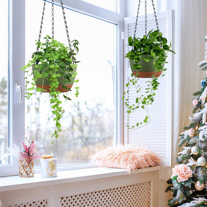 Kvetto Set of 2 Hanging Planters for Indoor Outdoor Plants, 8 Inch Self-Watering Hanging Flower Pots with Drainage Hole & Removable Water-Storage Tray (Hooks)