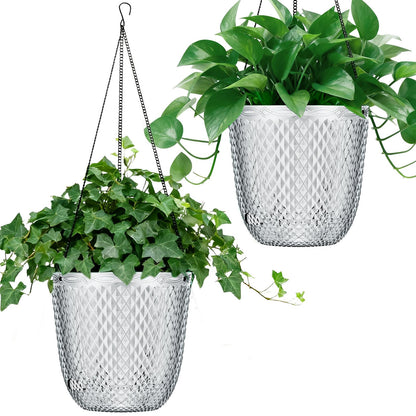 QCQHDU Hanging Planters for Indoor Plants, 2-Pack 7.2 Inch Self Watering Hanging Pots, Plastic Plant Hanger with Drainage Holes and 3 Hooks Chains for Garden Home (Clear)