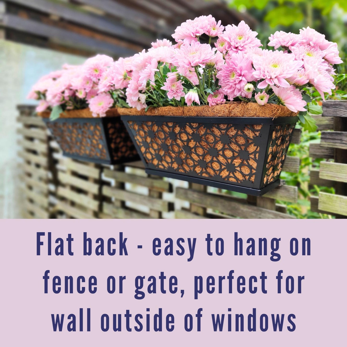 LaLaGreen Window Box Planter for Outdoor Plants (4 Pack, 12 Inch) Black Metal Small and Cute Rectangular Flower Pot Wall Planters with Coco Liner Horse Trough Railing Deck Balcony Fence Patio Decor