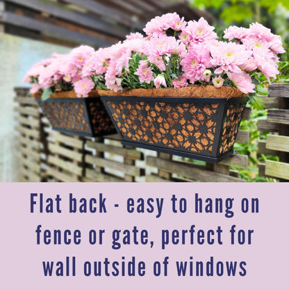 LaLaGreen Window Box Planter for Outdoor Plants (4 Pack, 12 Inch) Black Metal Small and Cute Rectangular Flower Pot Wall Planters with Coco Liner Horse Trough Railing Deck Balcony Fence Patio Decor