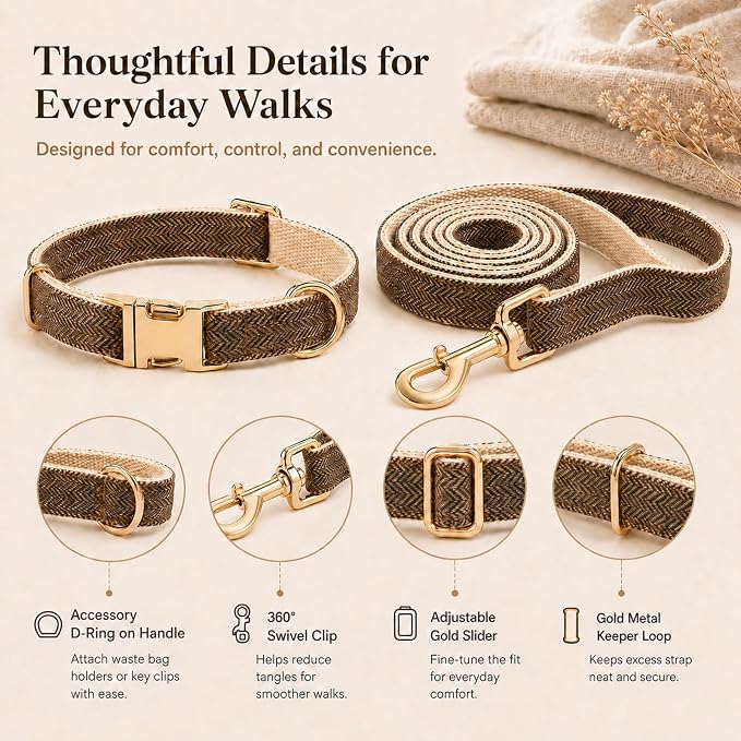 Herringbone Tweed Dog Collar and Leash Set for Medium Dogs, Grey-Brown | Snag-free, no-rub design. Soft breathable cotton, gentle on fur. Adjustable durable matching combo for walks & outdoors.