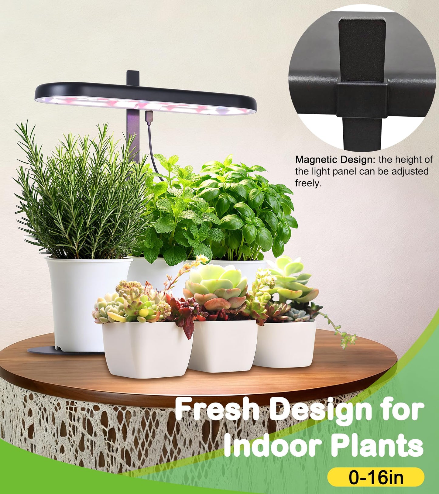 DRYADES Grow Lights for Indoor Plants, 20W Full Spectrum LED Grow Lamp for Indoor Garden with Intelligent Controller, Height Adjustable, Ideal for Home Desk Plant Lighting (Black, Metal Base)