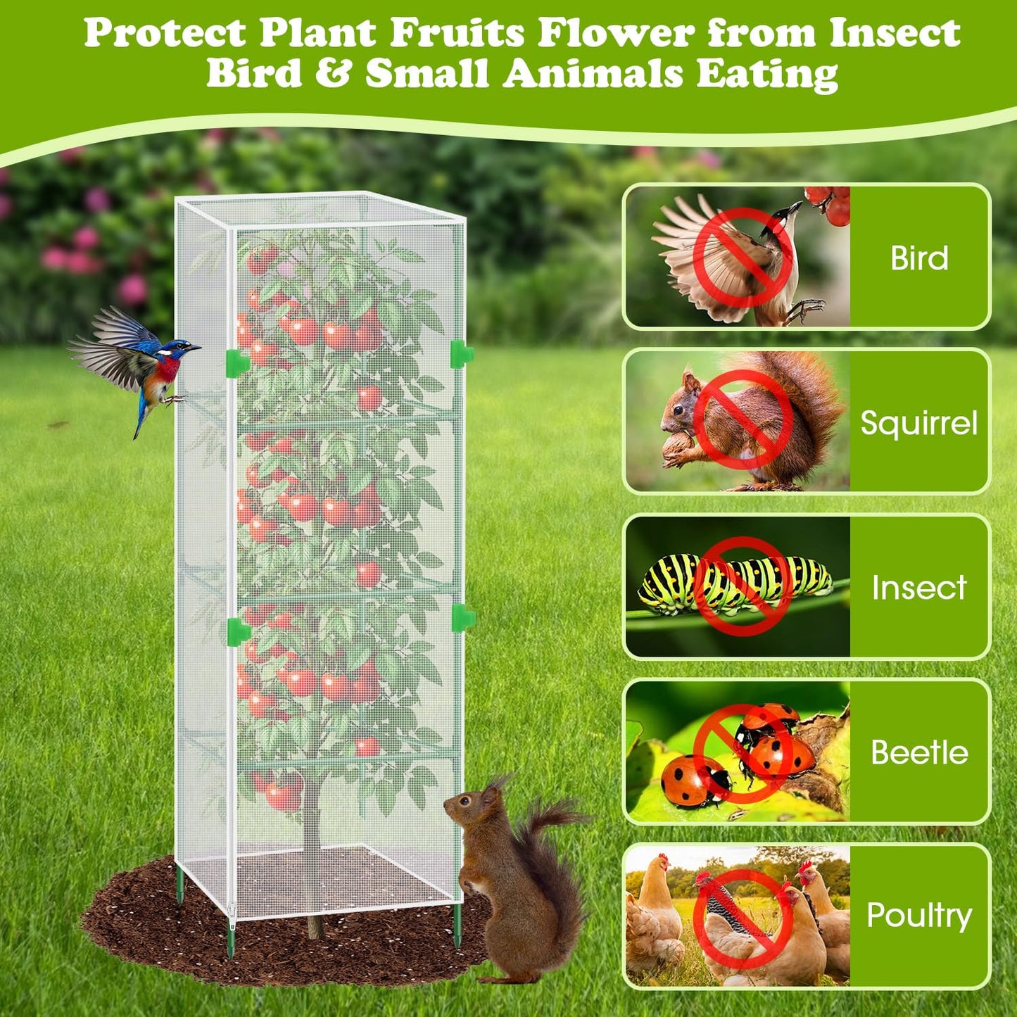 3Pack Garden Bird Netting Plant Cover for Square Tomato Cage,55.1"x15.7" Insect Bird Barrier Tomato Cage Net with Zipper&12pcs Clips,Tomato Trellis Netting Protection Mesh Cover for Protecting Plants