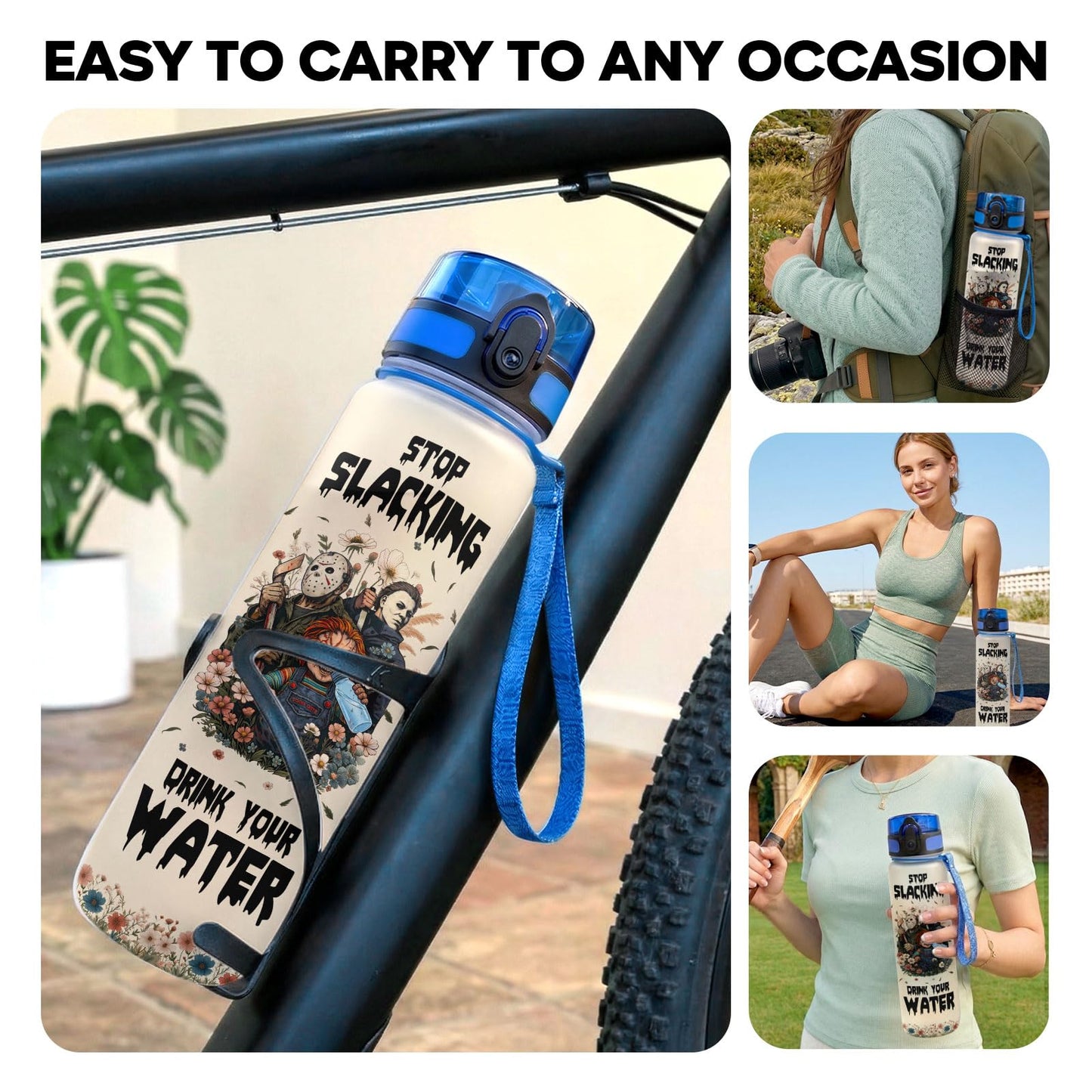 34HD Horror Movie Icons Water Bottle with Time Marker & Straw 32 oz, Horror Mask Birthday Gifts for Fans, Spooky Scary Merchandise Aesthetic Halloween Water Tracker Bottle