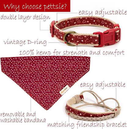 Pettsie Hemp Dog Bandana Collar & Matching Owner Friendship Bracelet | Soft & Durable Hemp, Removable Scarf, Matching Owner Friendship Bracelet, Gift-Ready Set, Red