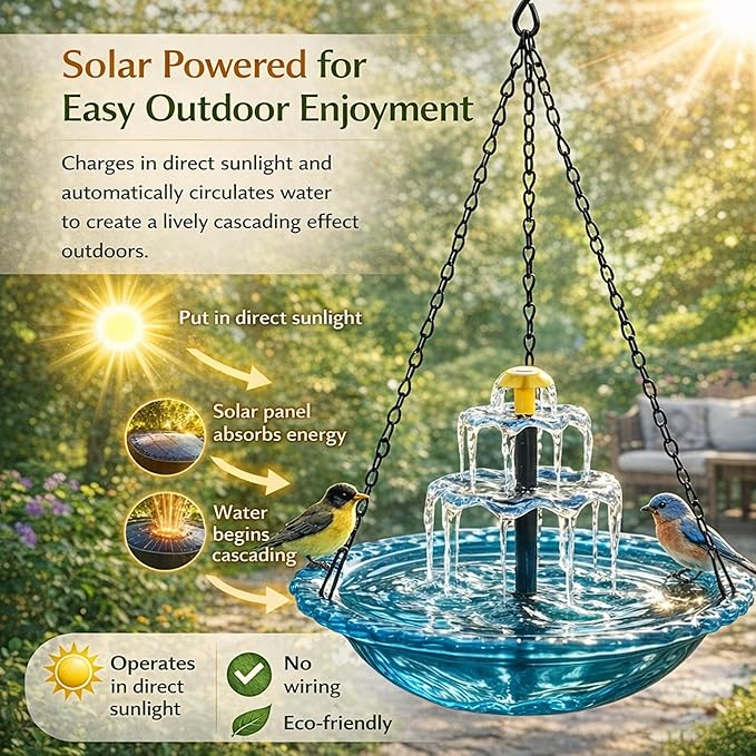 Solar Powered Hanging Bird Bath, Vibrant Blue Multi-Tier Waterfall Fountain for Outside, Easy to Hang Bird Oasis for Garden Decoration, Balcony, for Bird Lovers (Blue)