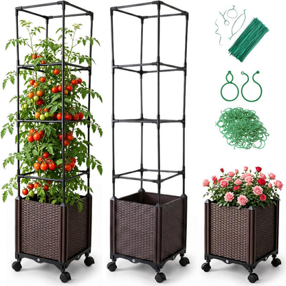 Jesosia Raised Garden Bed Planter Box with Tomato Cage - Self-Watering Tomato Planters with Trellis for Climbing Plants Outdoor - Vertical Gardening Tomatoes Pot with Trellis Wheels for Vegetable Vine