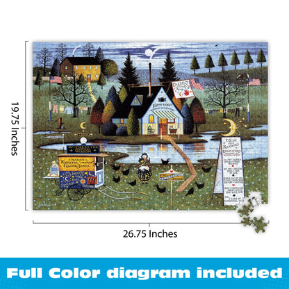 Buffalo Games Charles Wysocki - Know It All - 1000 Piece Jigsaw Puzzle - 26.75 x 19.75 in, Poster Included - 1000 Piece Puzzle for Adults - Folk Art Village Scene - Recycled Board