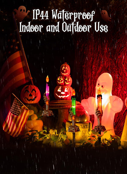Halloween Decorations, 6 Pack Skeleton Hands Hold Lighted Candle Stakes, Waterproof Battery Operated Pathway Decor with Timer, Light Up for Tabletop Indoor Outdoor Party Lawn Yard Garden Warm White