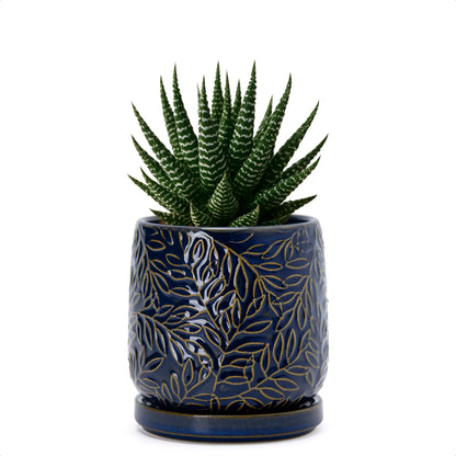 D'vine Dev 4 Inch Embossed Leaves Stoneware Planter Pot with Drainage Hole and Saucer, Midnight Blue, 27-A-Z-3