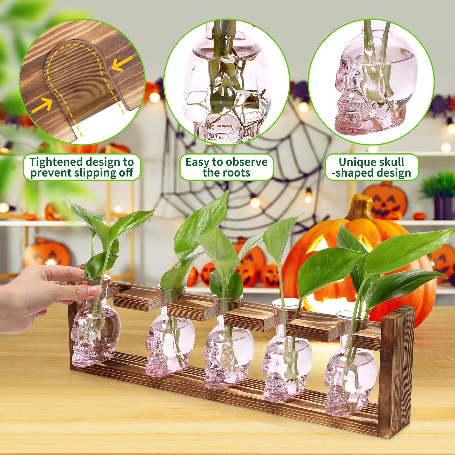 Plant Terrarium Propagation Stations Halloween Skull Planter Vase Skulls Decor with Wooden Stand Gife for Father - 5 Vases
